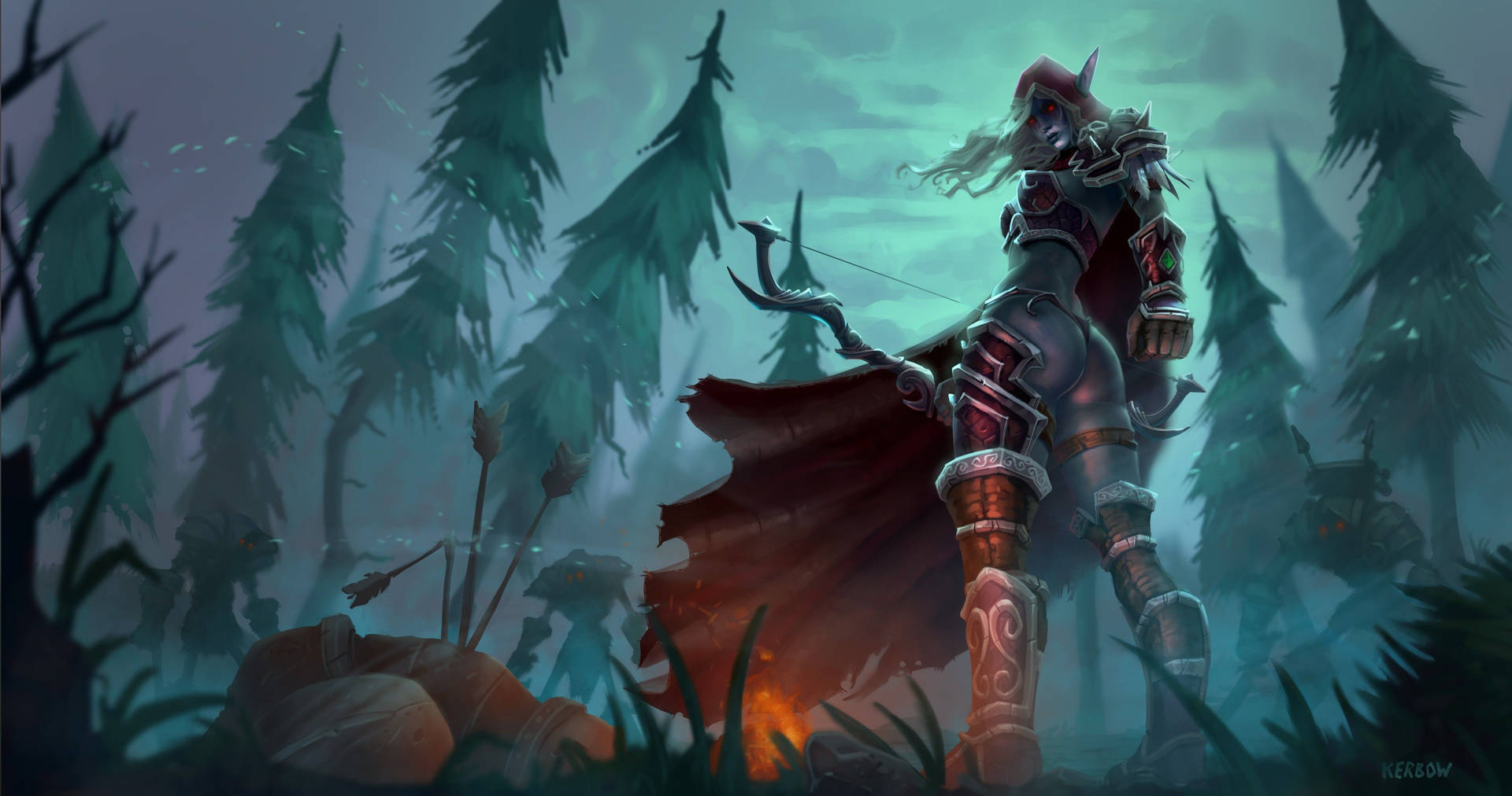 Sylvanas Windrunner oversees the enchanted pine forest. Wallpaper