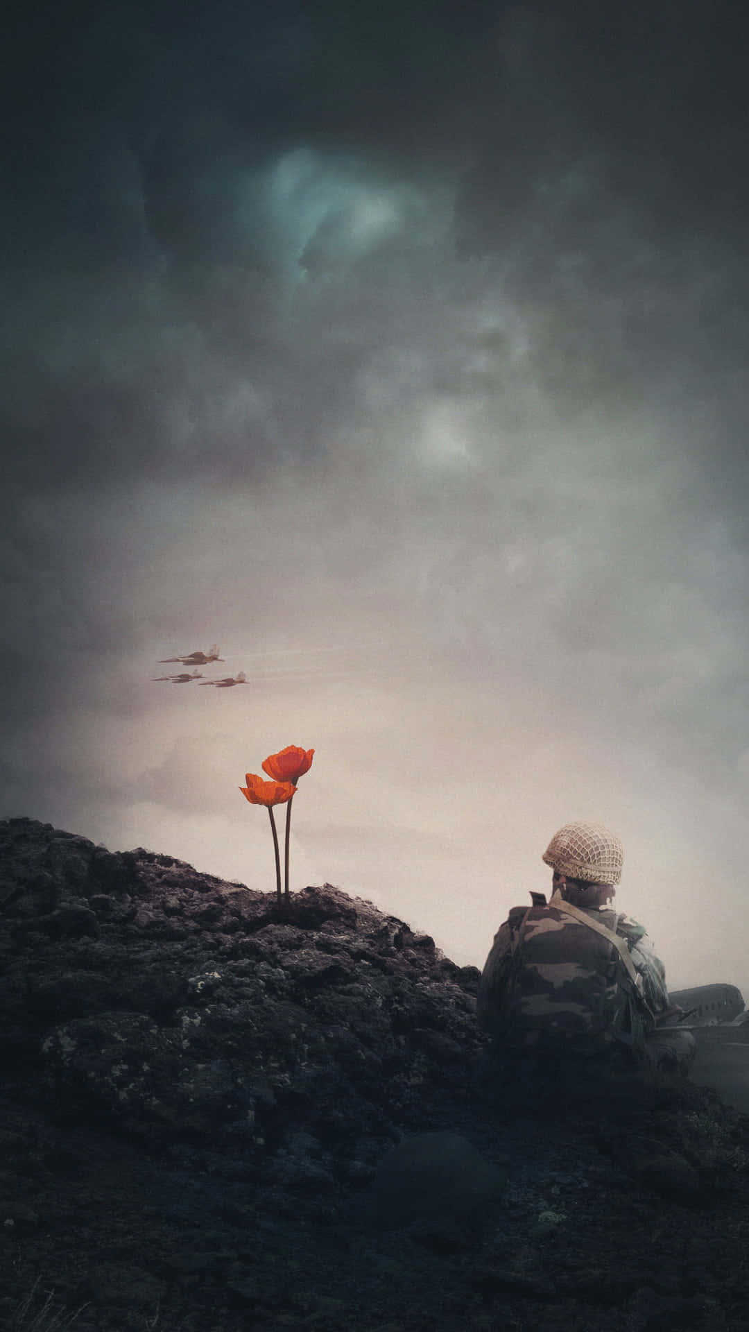 Unsoldado Está Sentado En Una Roca Con Una Flor De Amapola.