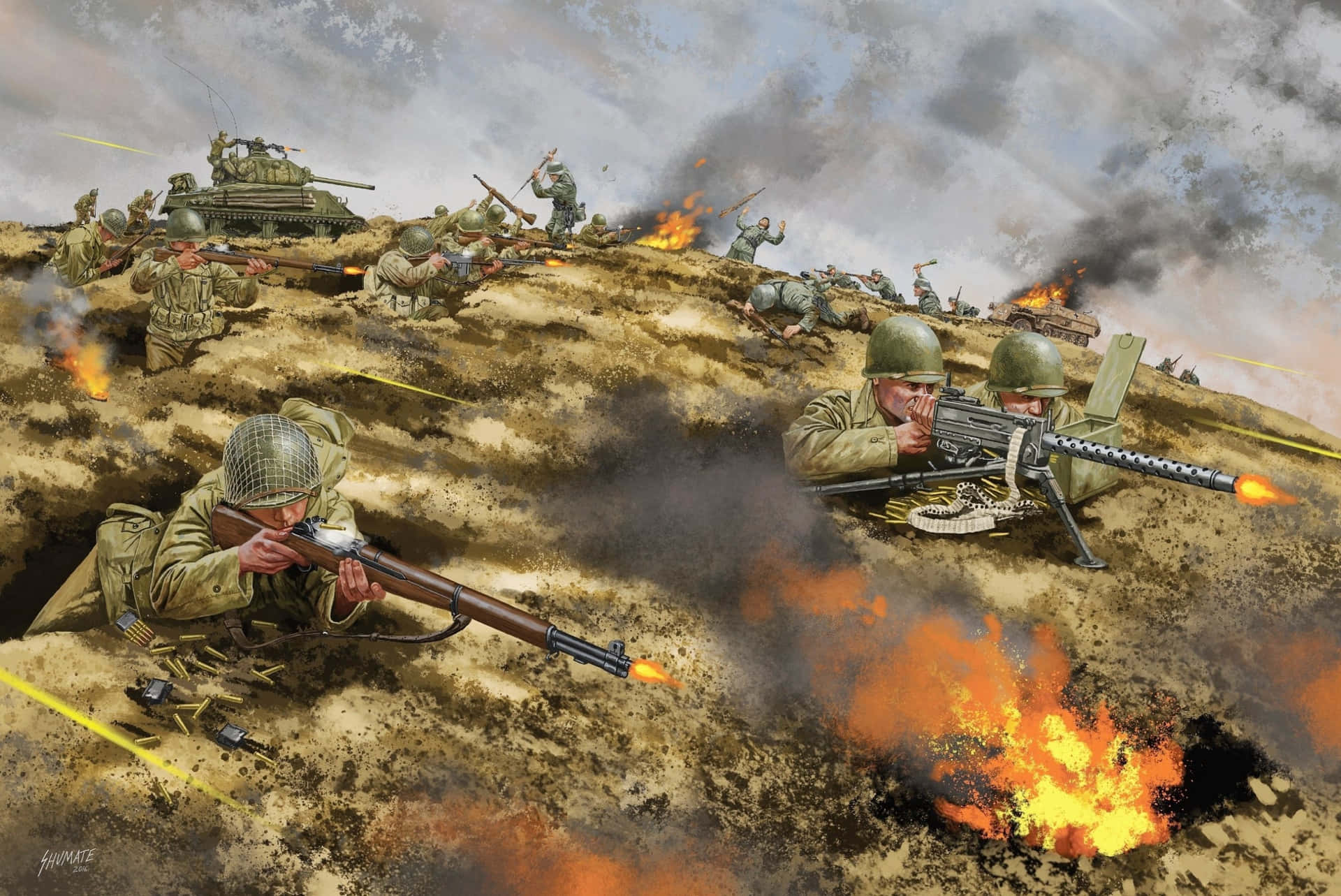 A Painting Of Soldiers On A Hill With Fire