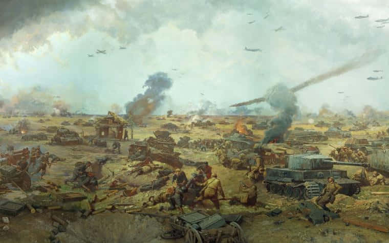 A Painting Of A Battle Scene With Tanks And Soldiers