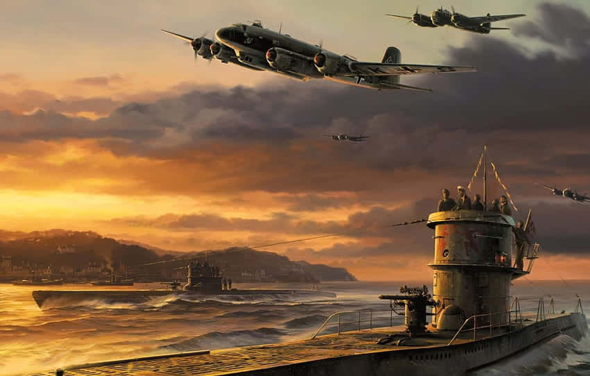 A Painting Of A Submarine And Planes Flying Over The Ocean