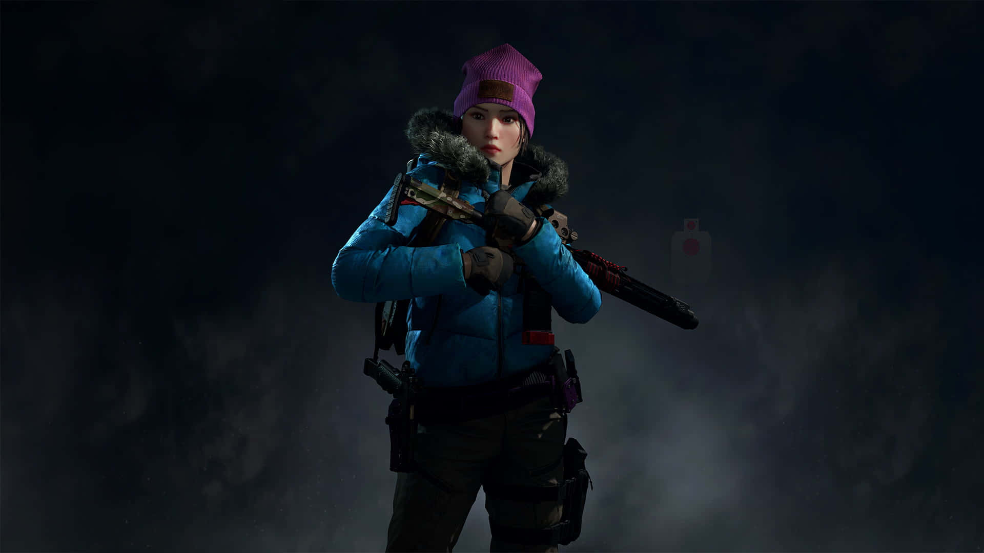 A Woman In A Blue Jacket Holding A Gun