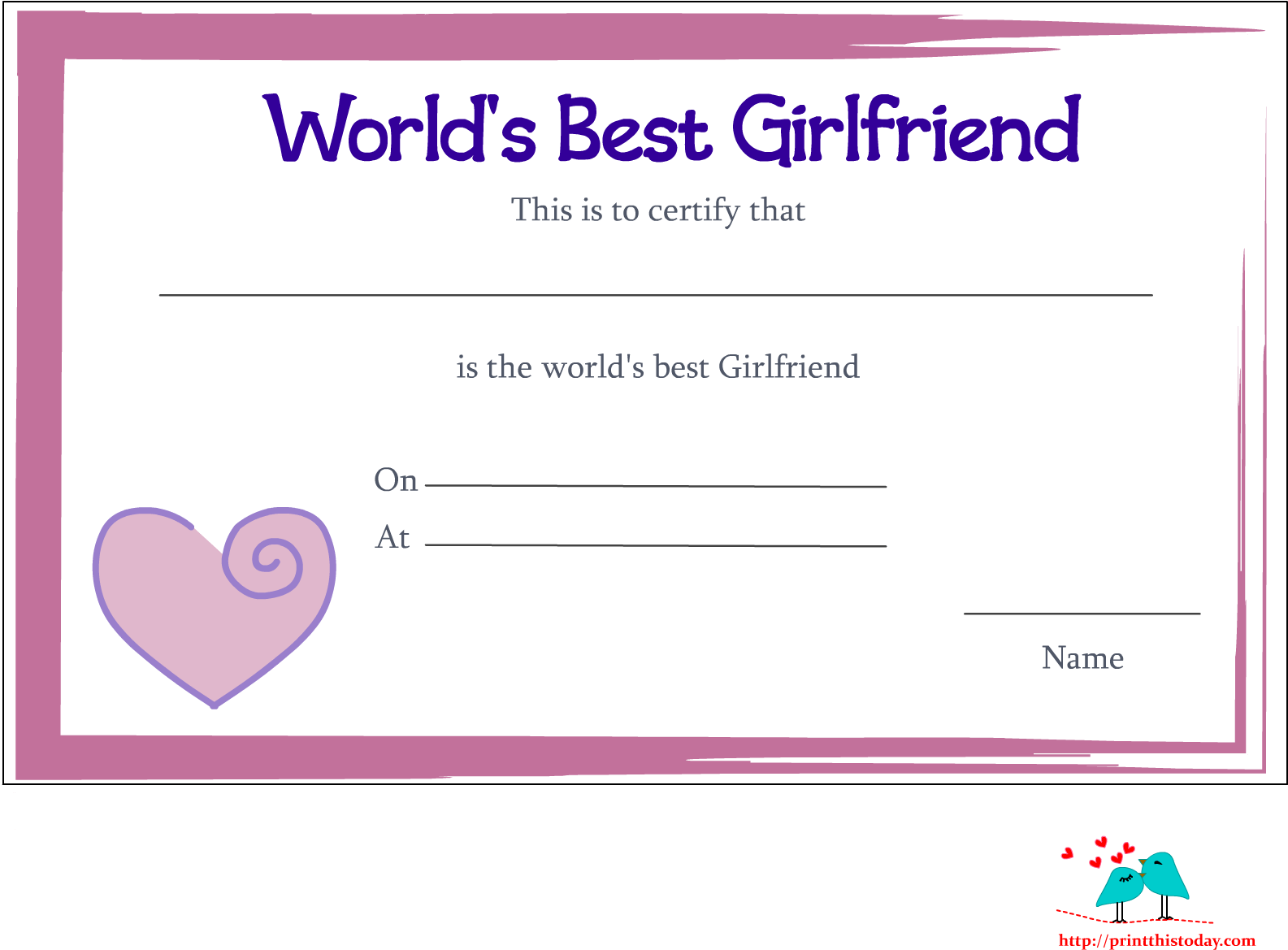 Worlds Best Girlfriend Certificate Template PNG