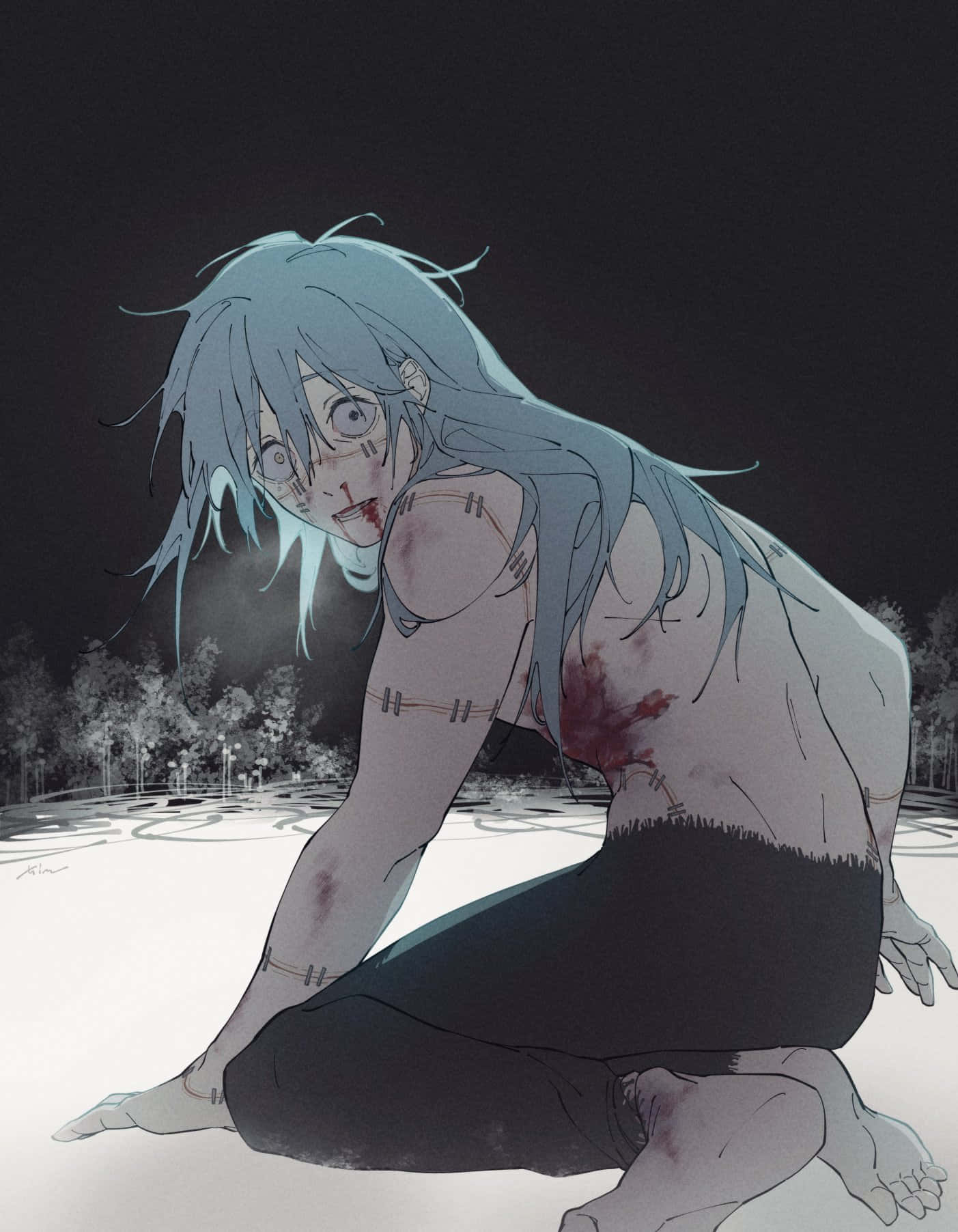 Wounded Anime Character Night Scene Wallpaper