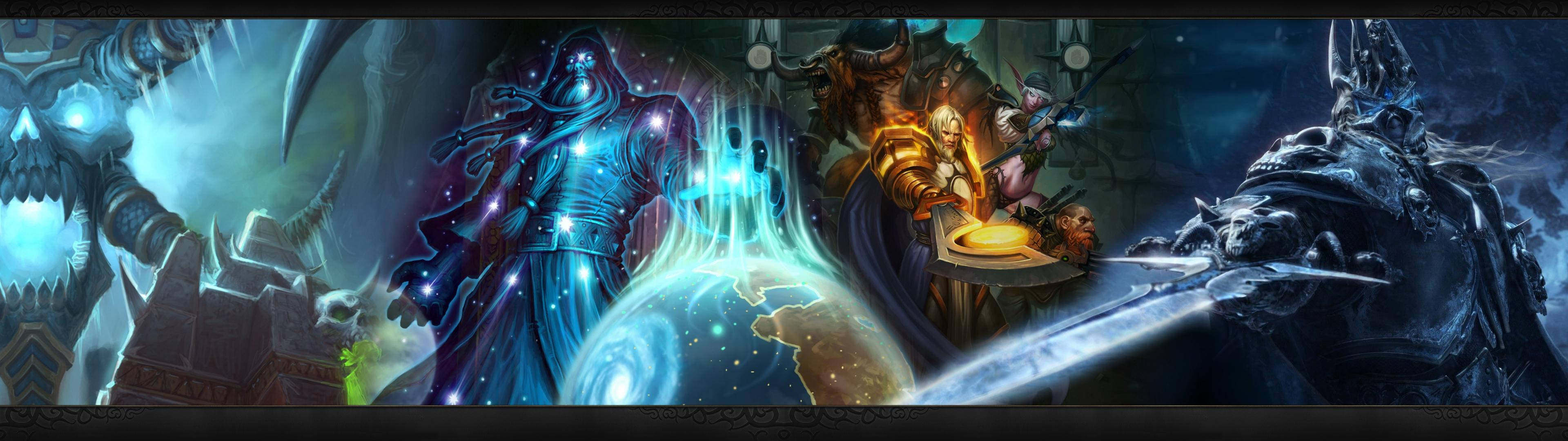 Two World of Warcraft Characters Fighting on Dual Monitor Wallpaper