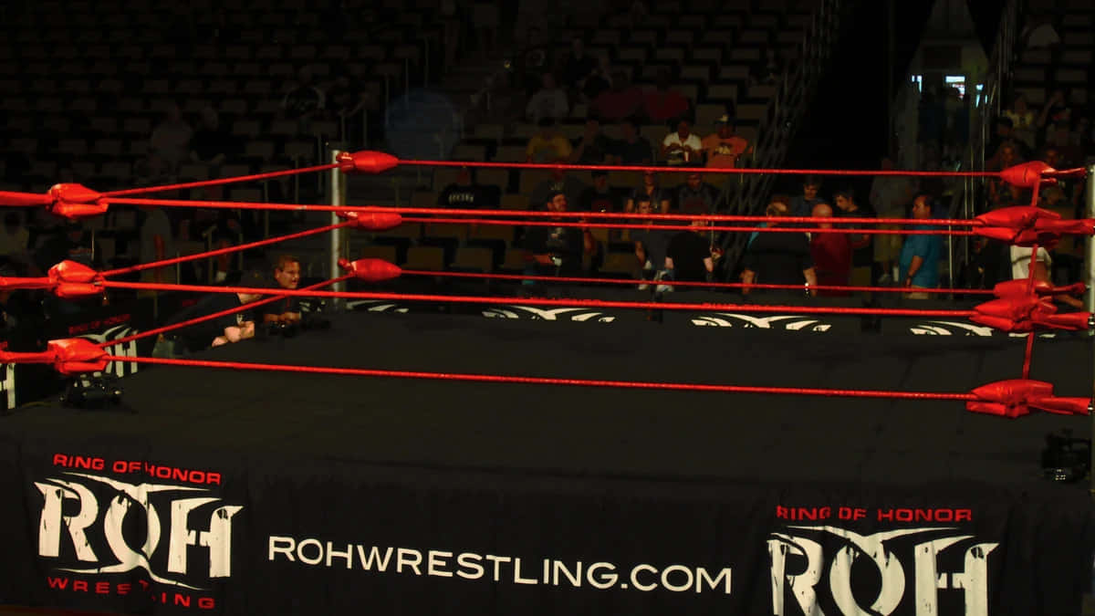 A Wrestling Ring With A Red Rope And A Red Belt