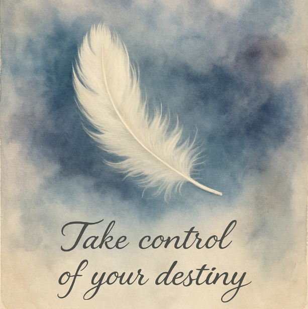 Write your future PNG — A single white feather floats serenely against a soft blue watercolor sky with inspirational text below.