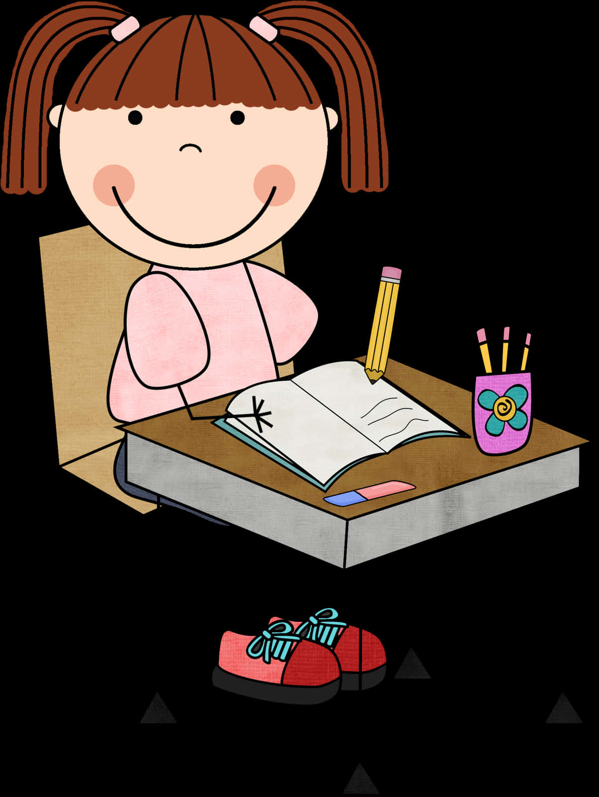A Girl Sitting At A Desk With A Notebook And Pencil