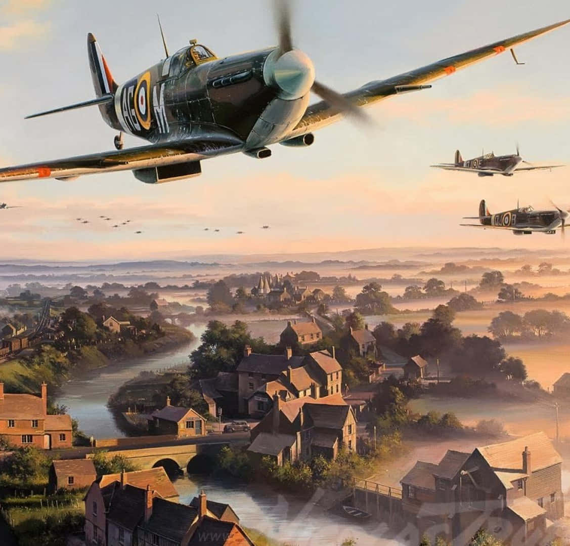 Aviónde La Segunda Guerra Mundial Volando Sobre La Ciudad En Un Fondo De Pantalla Para Iphone. Fondo de pantalla