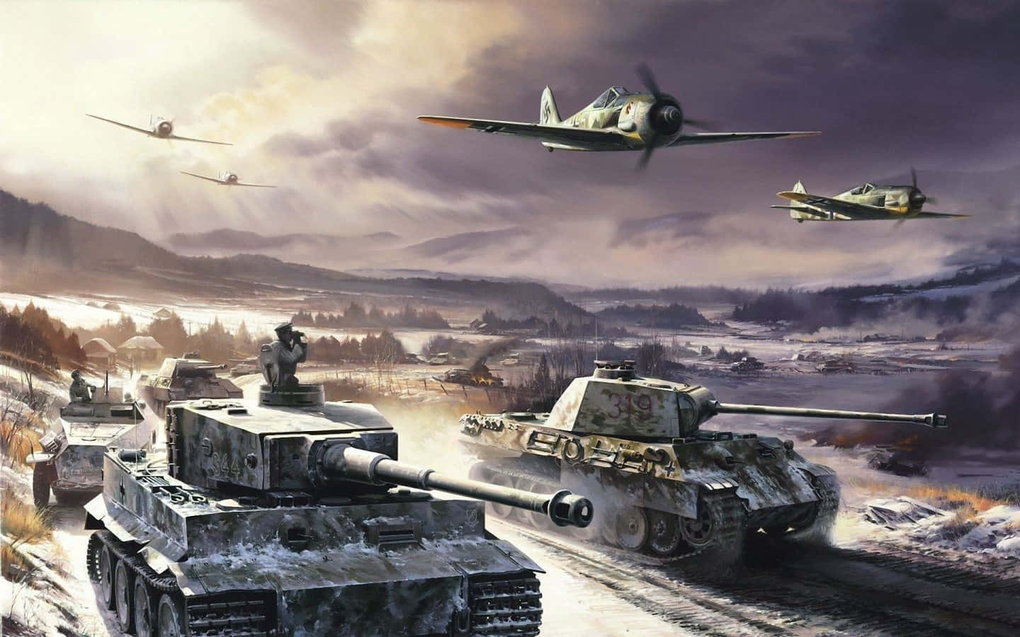 a painting of tanks and planes in the snow