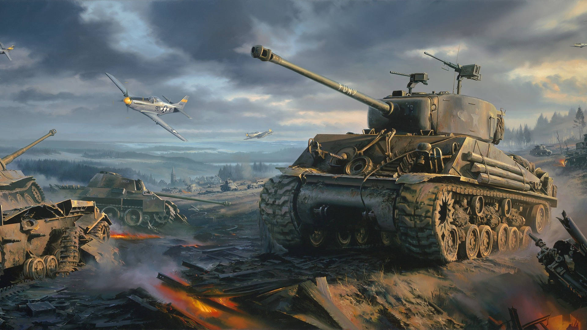 WW2 Tank In Battlefield Wallpaper