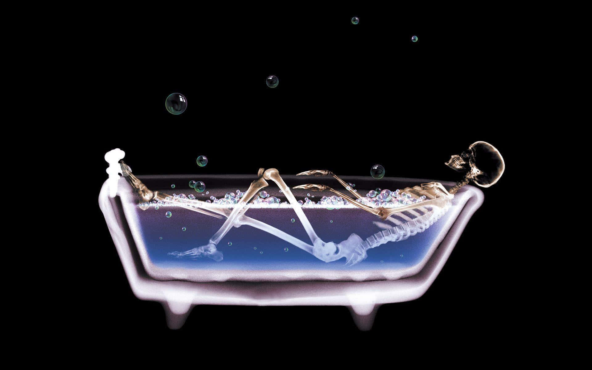 A Skeleton In A Bathtub With Bubbles