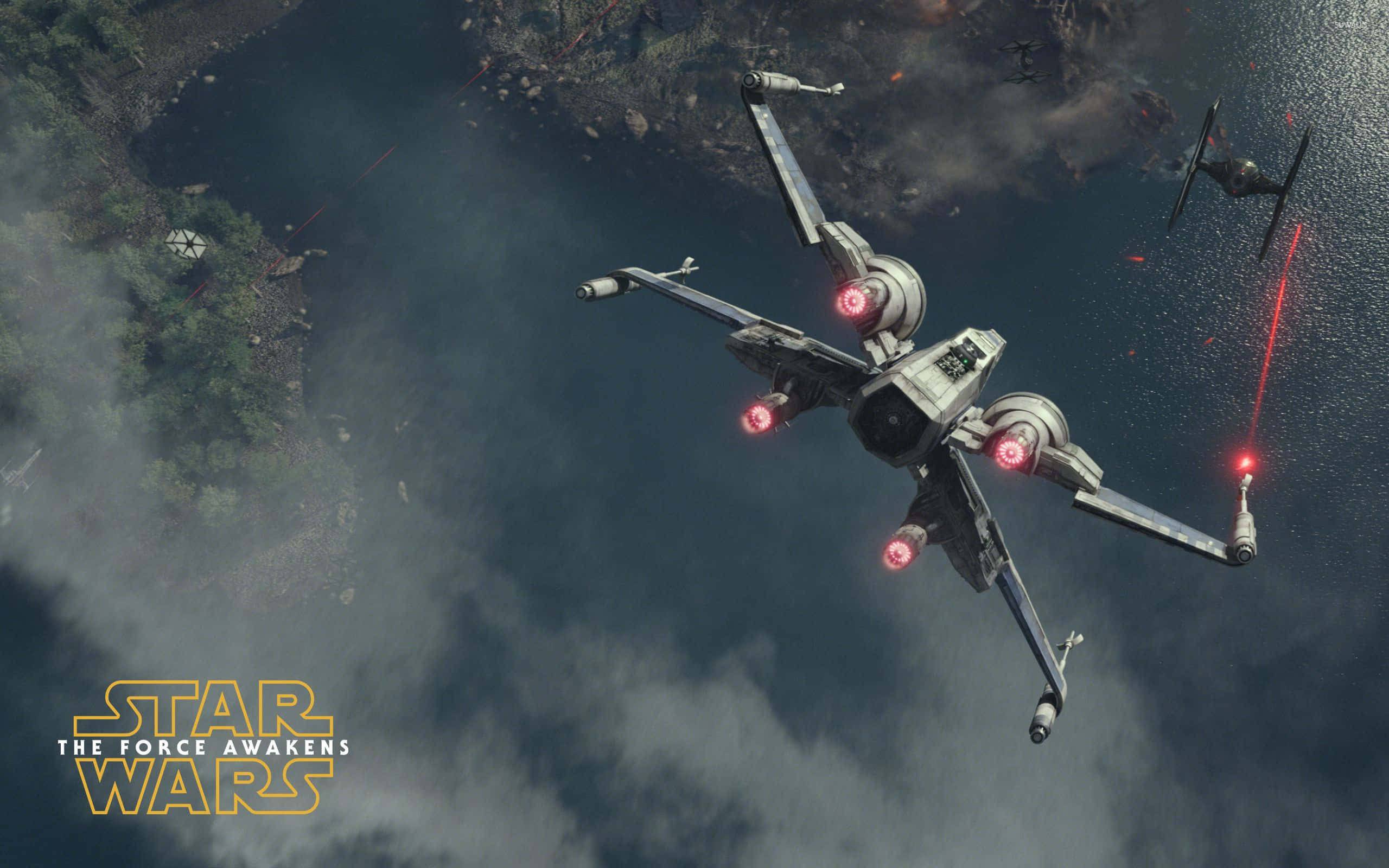 X-wing Fighter Flying Through a Battle in Space Wallpaper