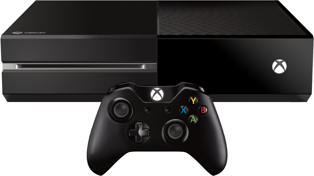 Xbox One Consoleand Controller PNG — A sleek black Xbox One console and controller displayed against a clean white background.