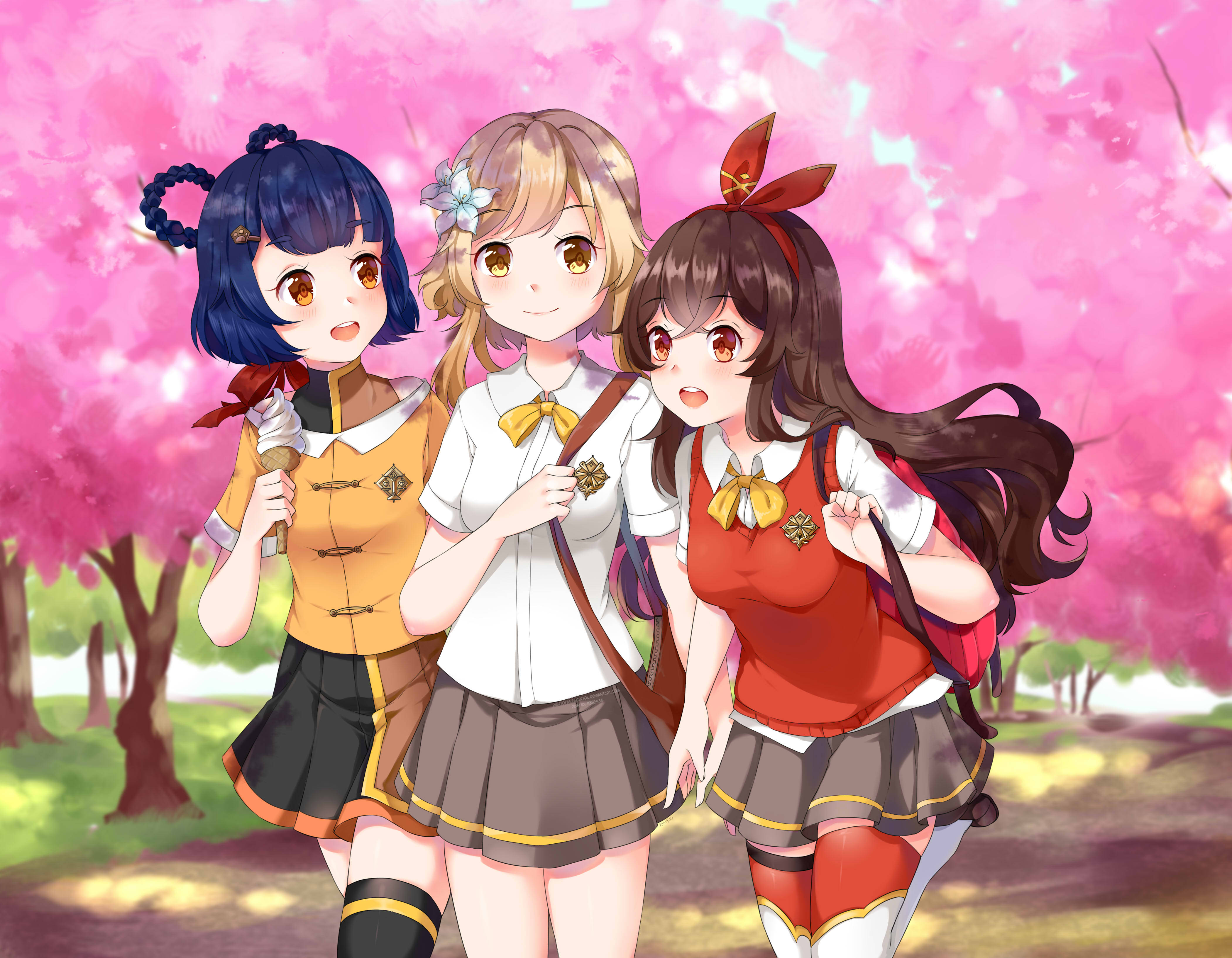 Xiangling With Klee And Amber Wallpaper — Three anime girls in school uniforms stand smiling under a canopy of vibrant pink cherry blossoms.