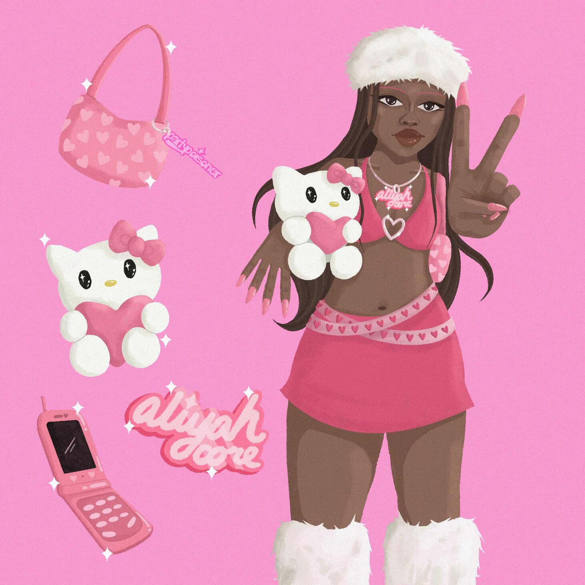 Y2 K Aesthetic Cartoon Girl Pink Theme Wallpaper