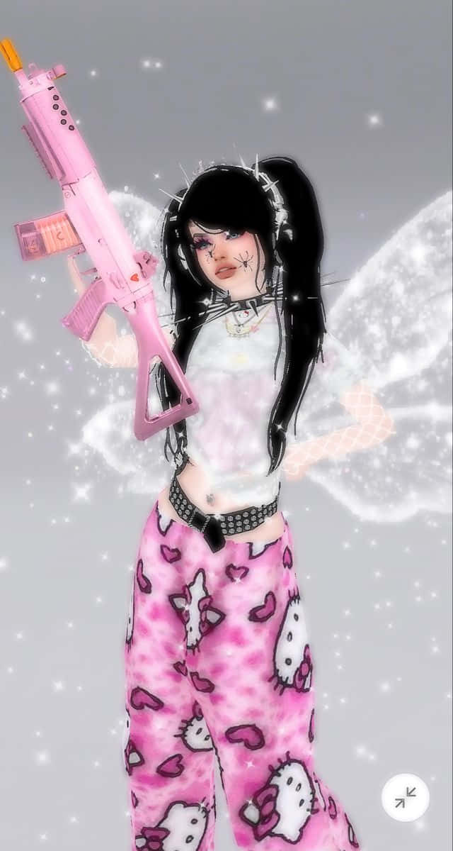 Y2 K Aesthetic Cartoon Girlwith Pink Rifle Wallpaper