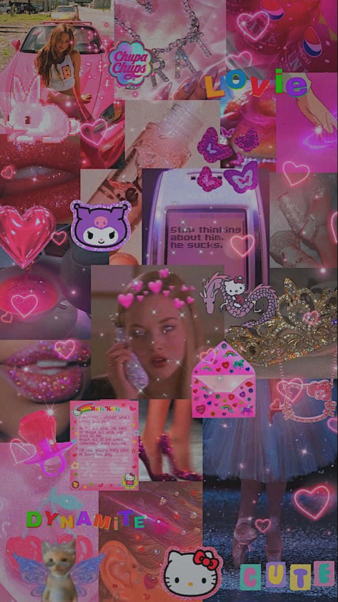 Y2 K Aesthetic Collage Pink Hearts Wallpaper