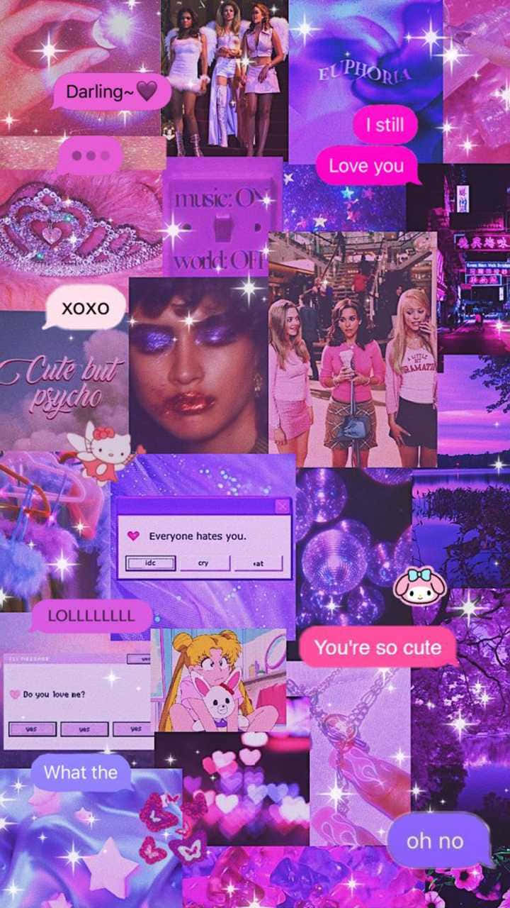 Y2 K Aesthetic Collage Pink Purple Tones Wallpaper