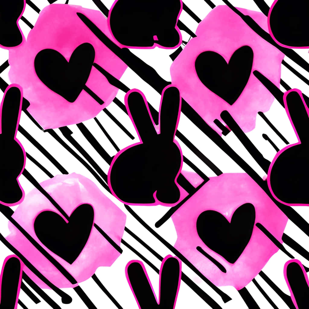 Y2 K Grunge Pink Heartsand Black Bunnies Pattern Wallpaper