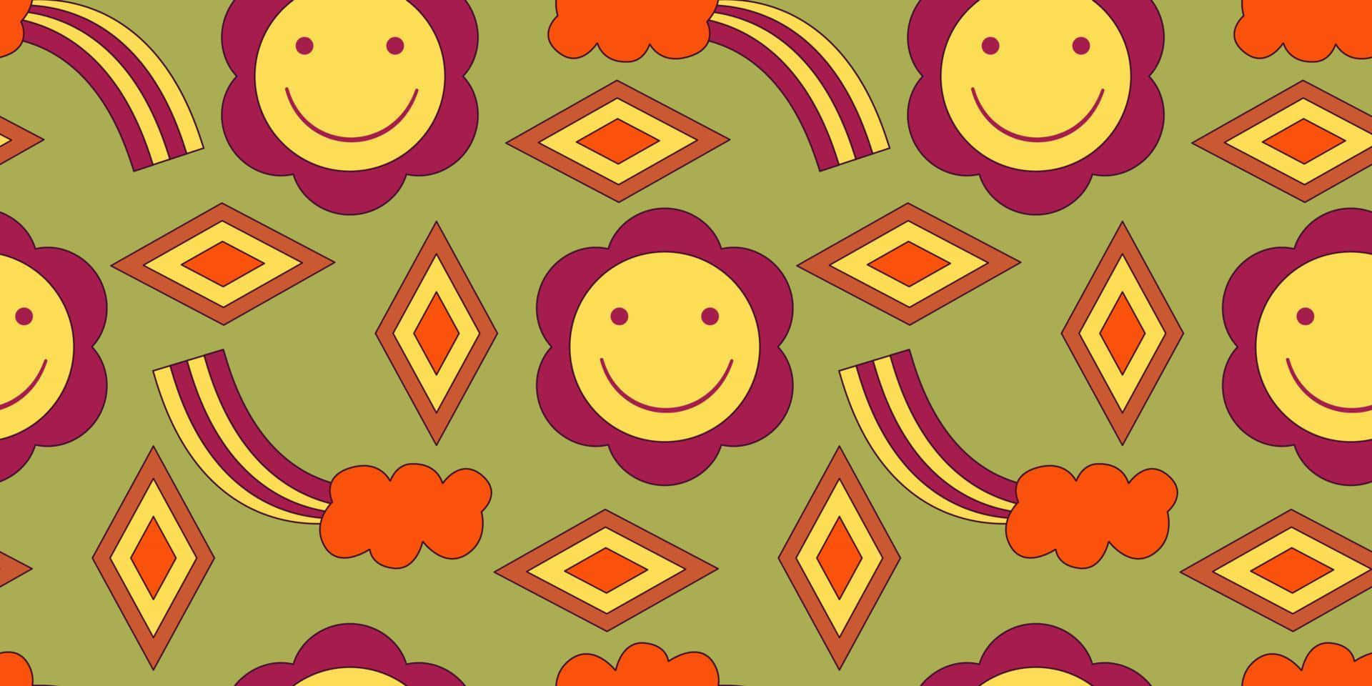 A Colorful Pattern With Smiling Faces And Flowers