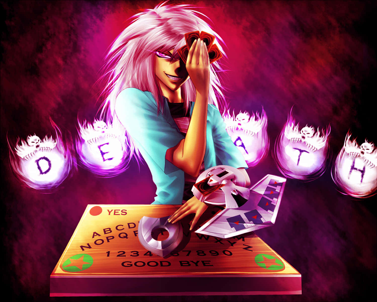 Yami Bakura smirks with power and darkness in the midst of an intense duel Wallpaper