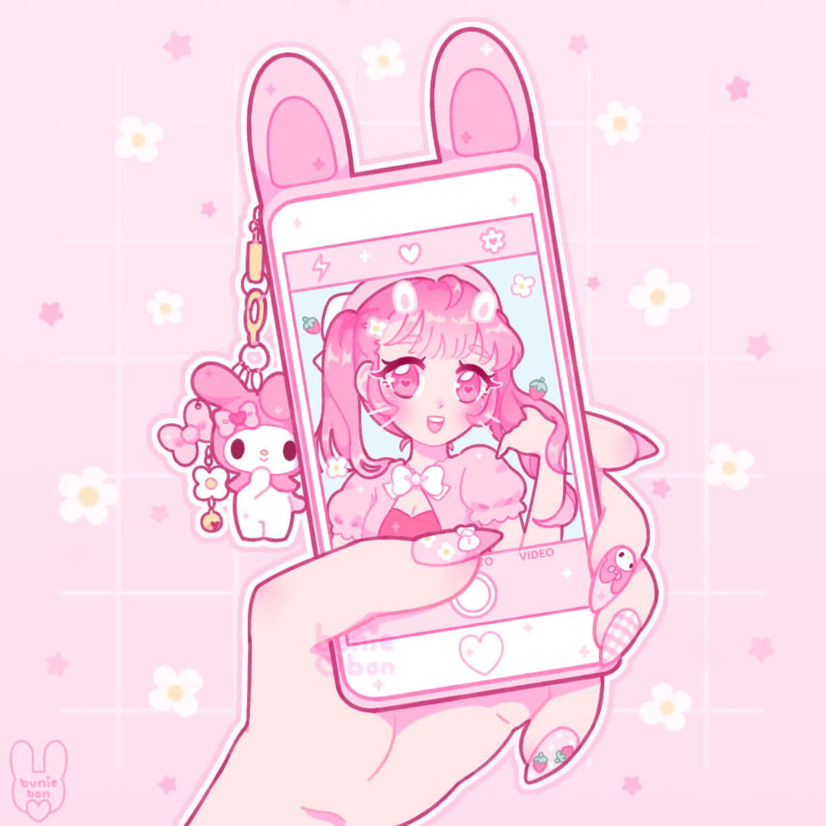 En hånd holder en pink telefon med et pink kanin på det. Wallpaper