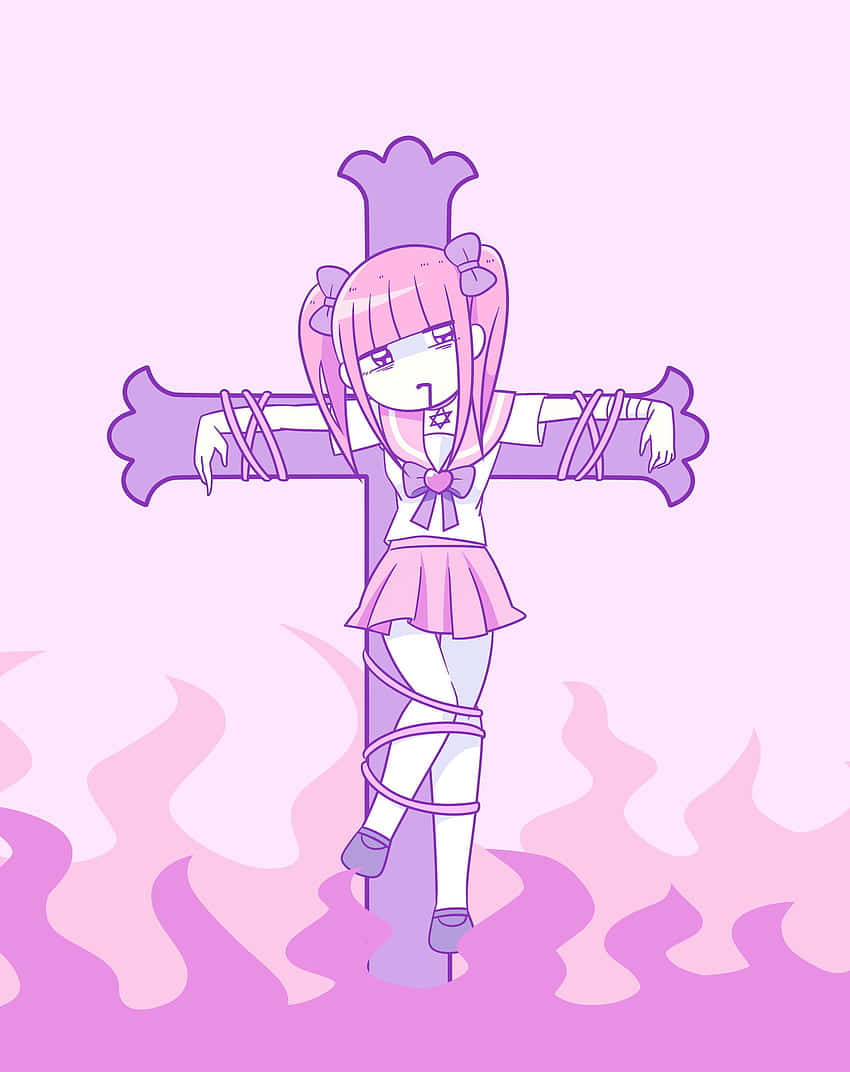 A Girl With Pink Hair Standing On A Cross Wallpaper