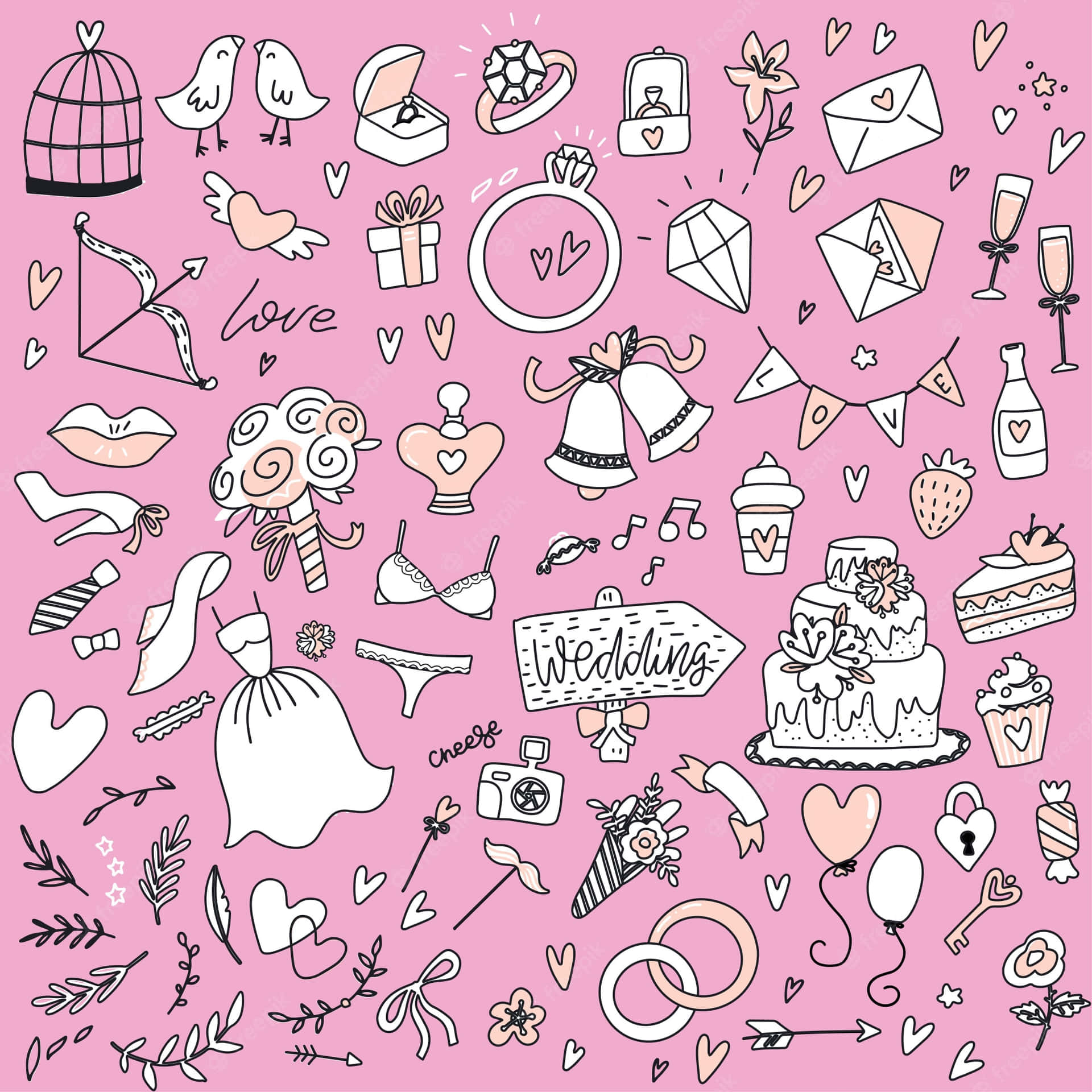 Et sæt af bryllupsdoodles på en pink baggrund Wallpaper