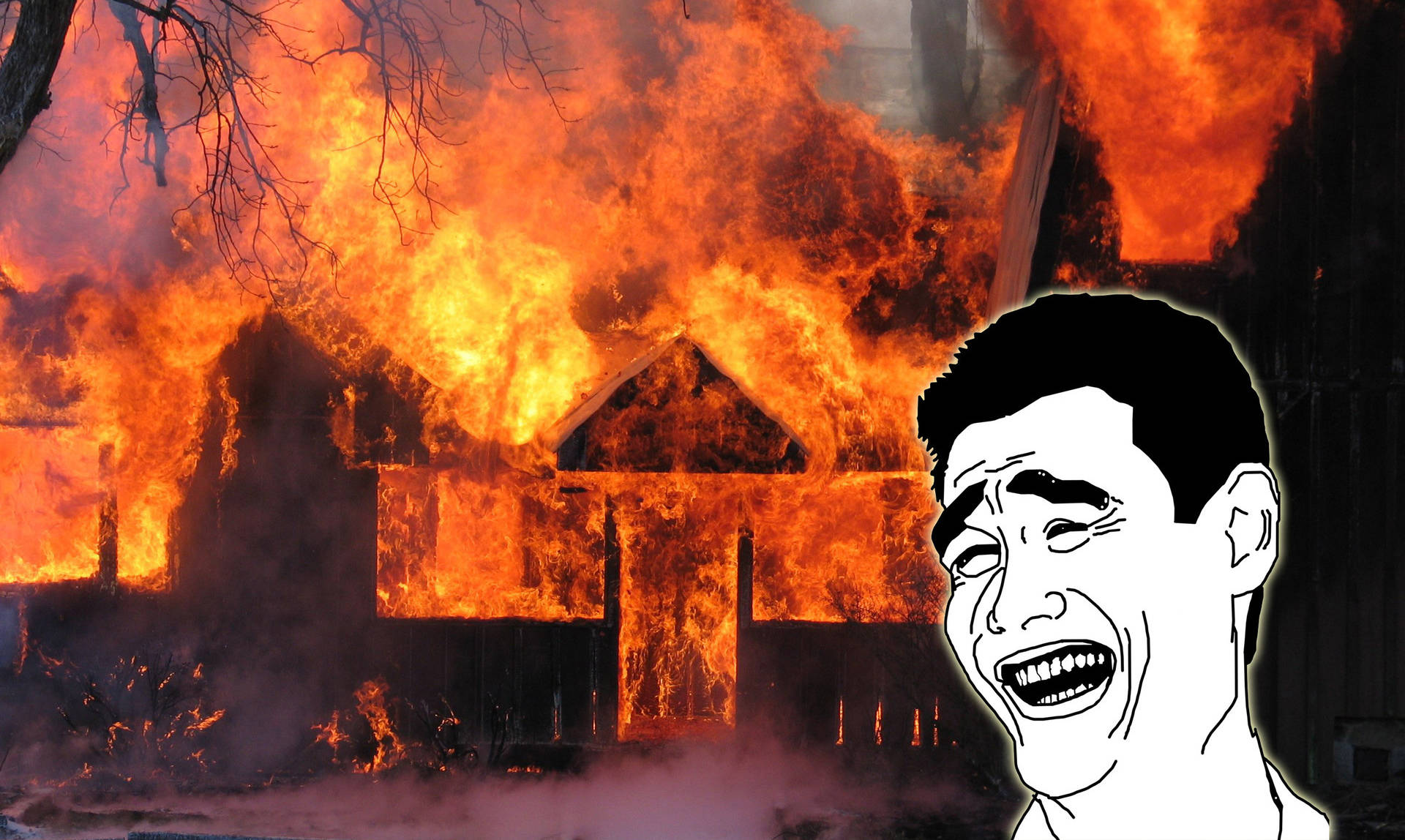 Black and white smiling Yao Ming face meme watching a burning house wallpaper.