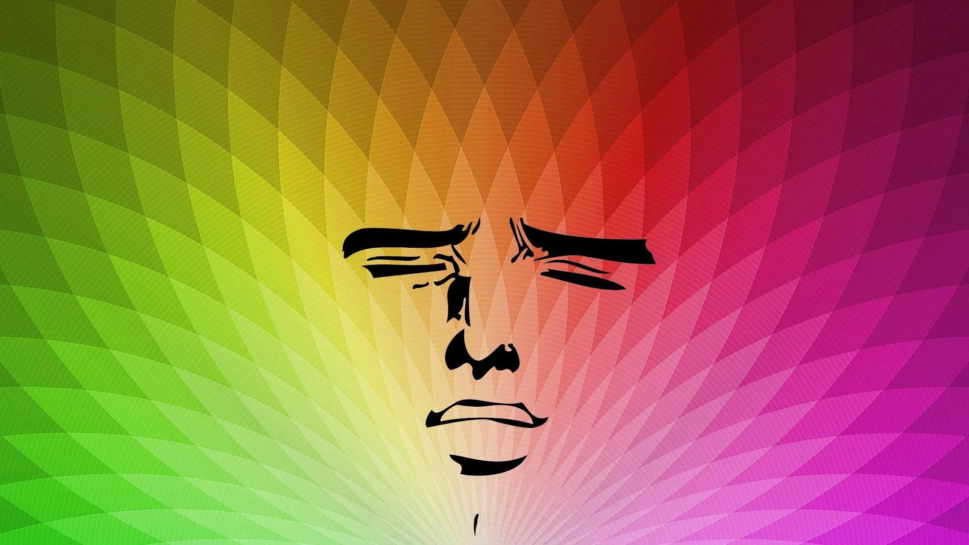 Funny Yaranaika face meme with close eyes and thick eyebrows in rainbow.
