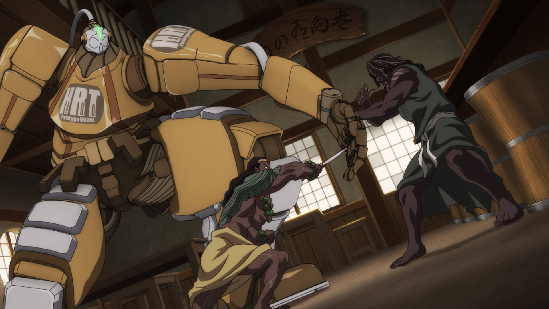 Yasuke med gul robot i bevægelse Wallpaper