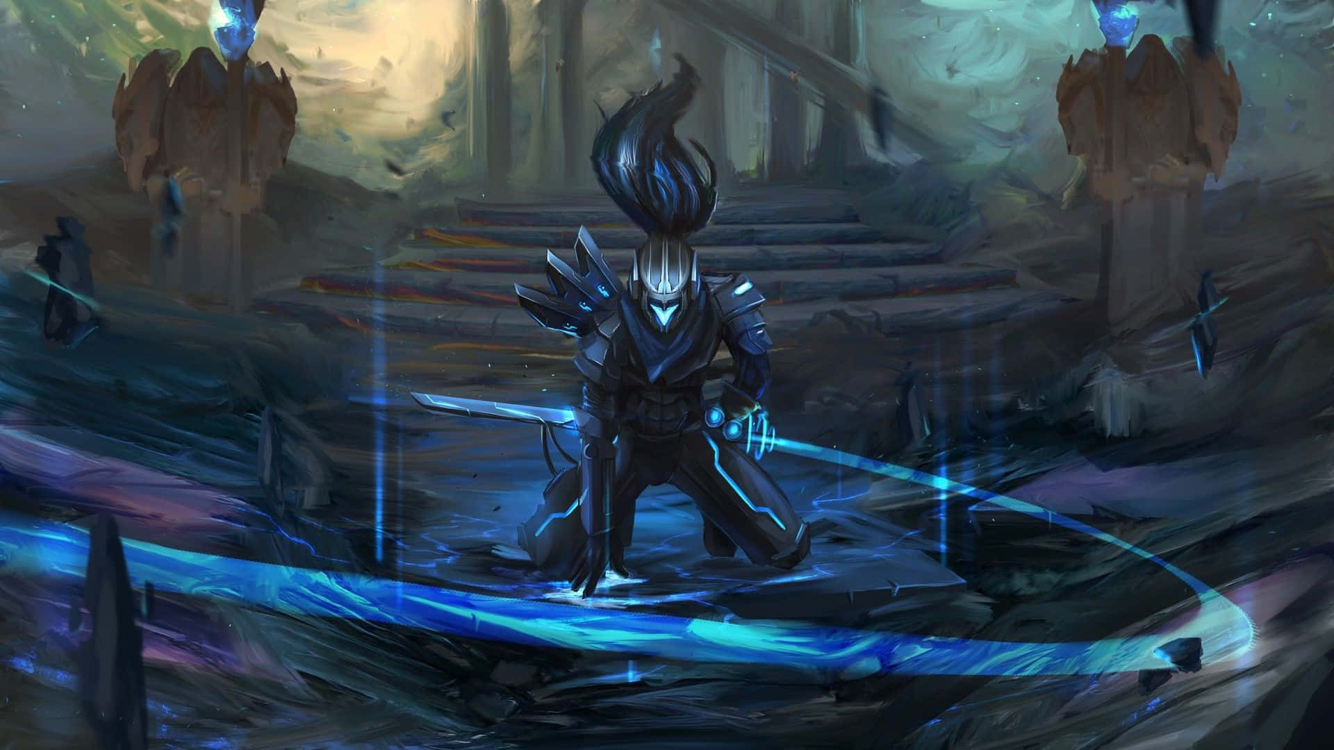 Serene and powerful, Yasuo stands in a sunlit field of tall grass Wallpaper