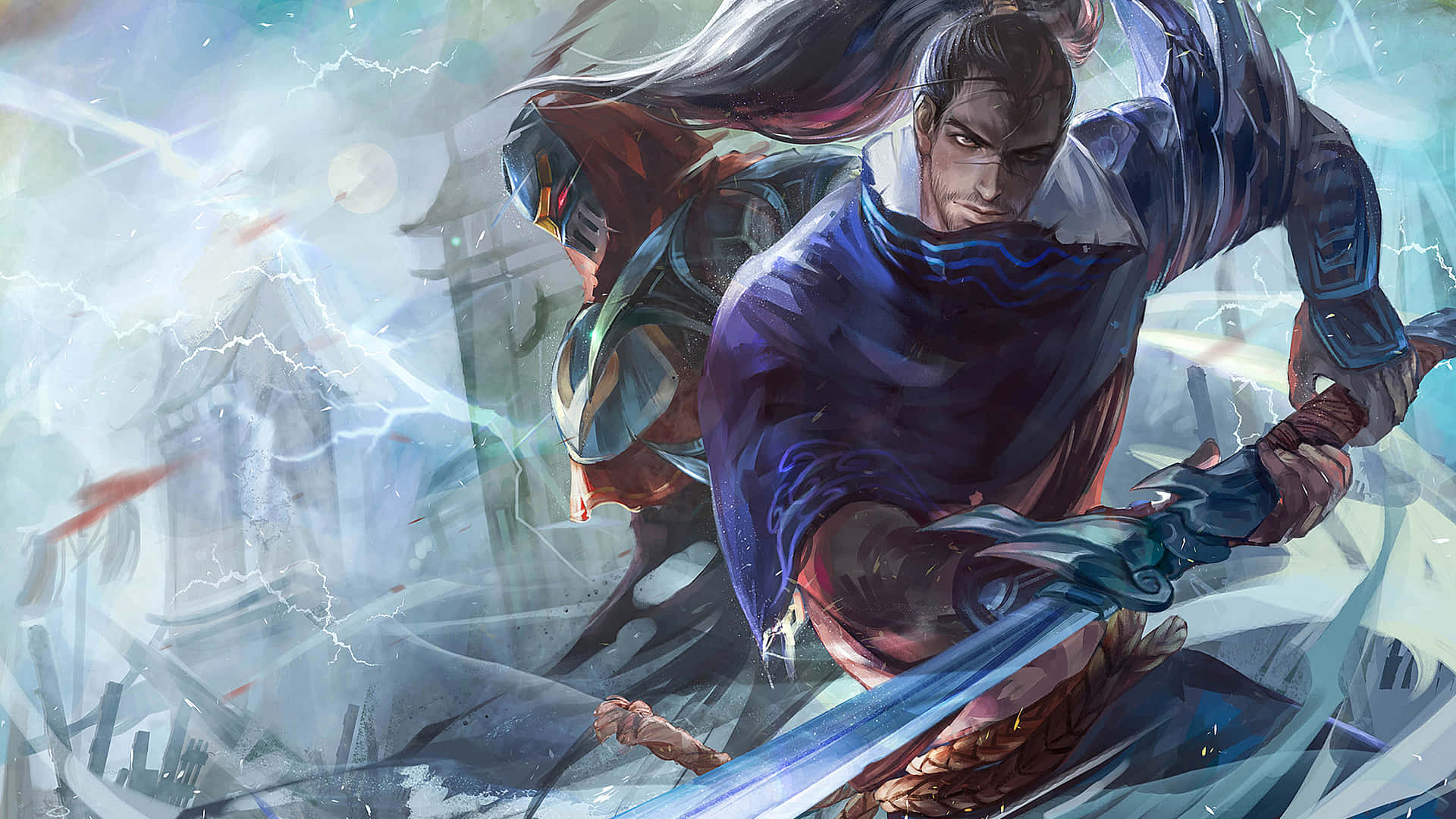 Yasuo, en kriger på Slagmarkerne, bærer et vindblad. Wallpaper