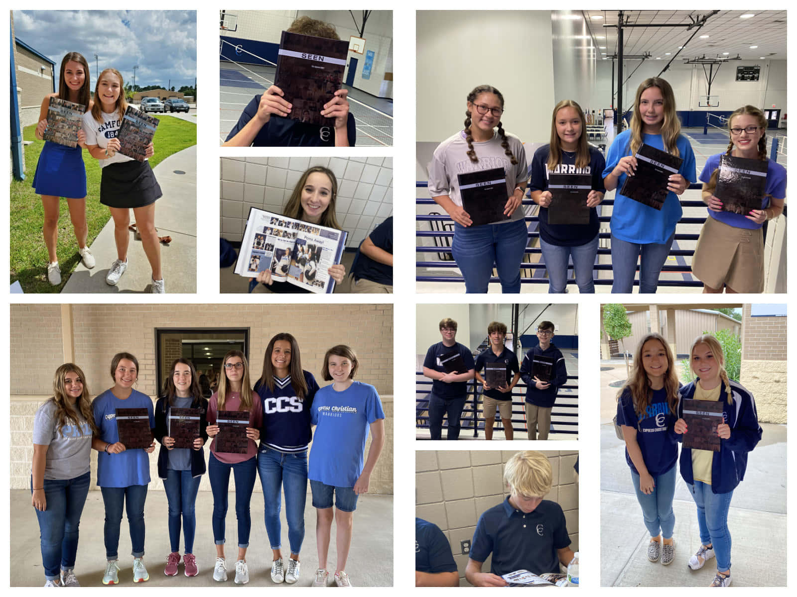 a collage of pictures of students holding books