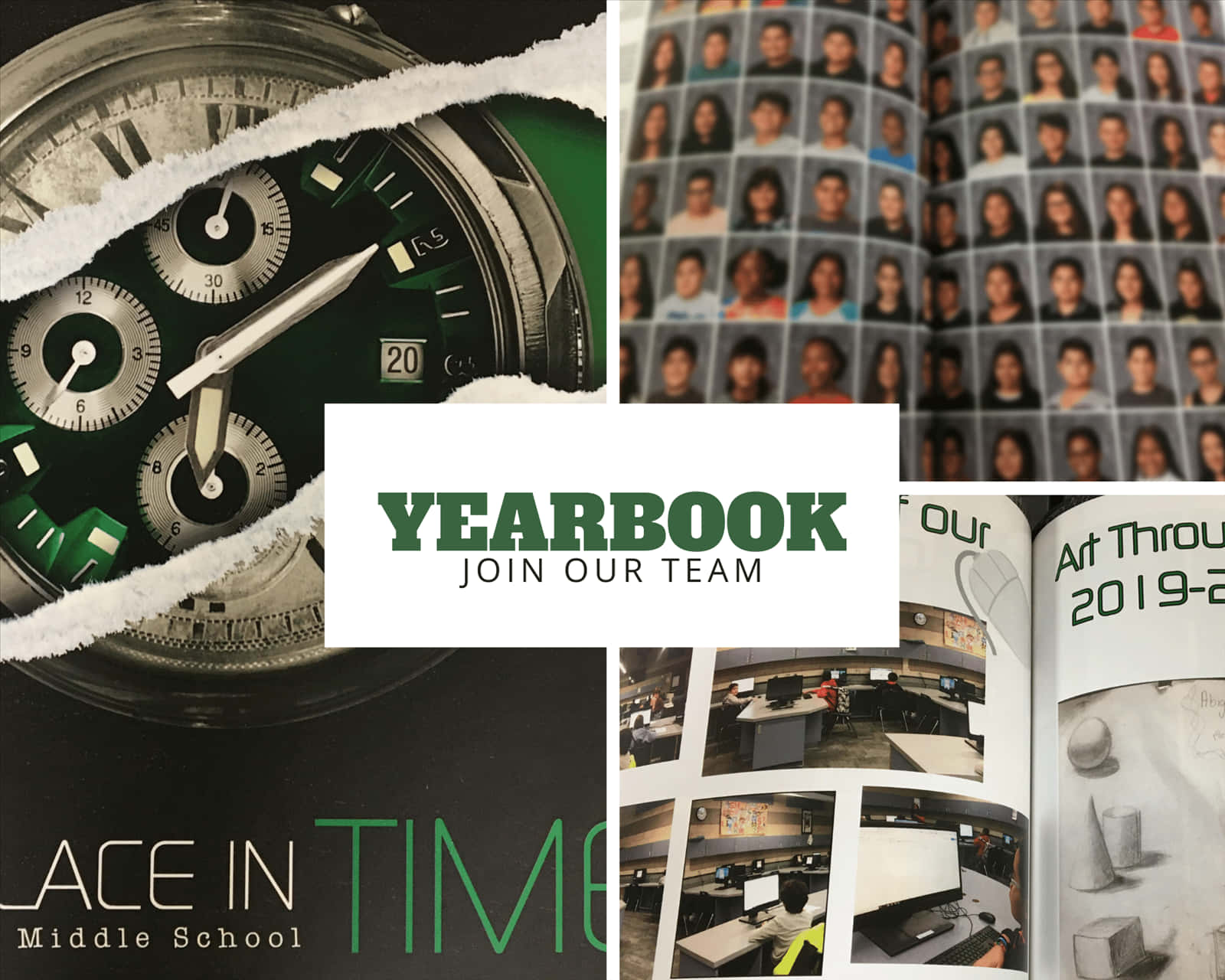 a yearbook with pictures of people and a clock