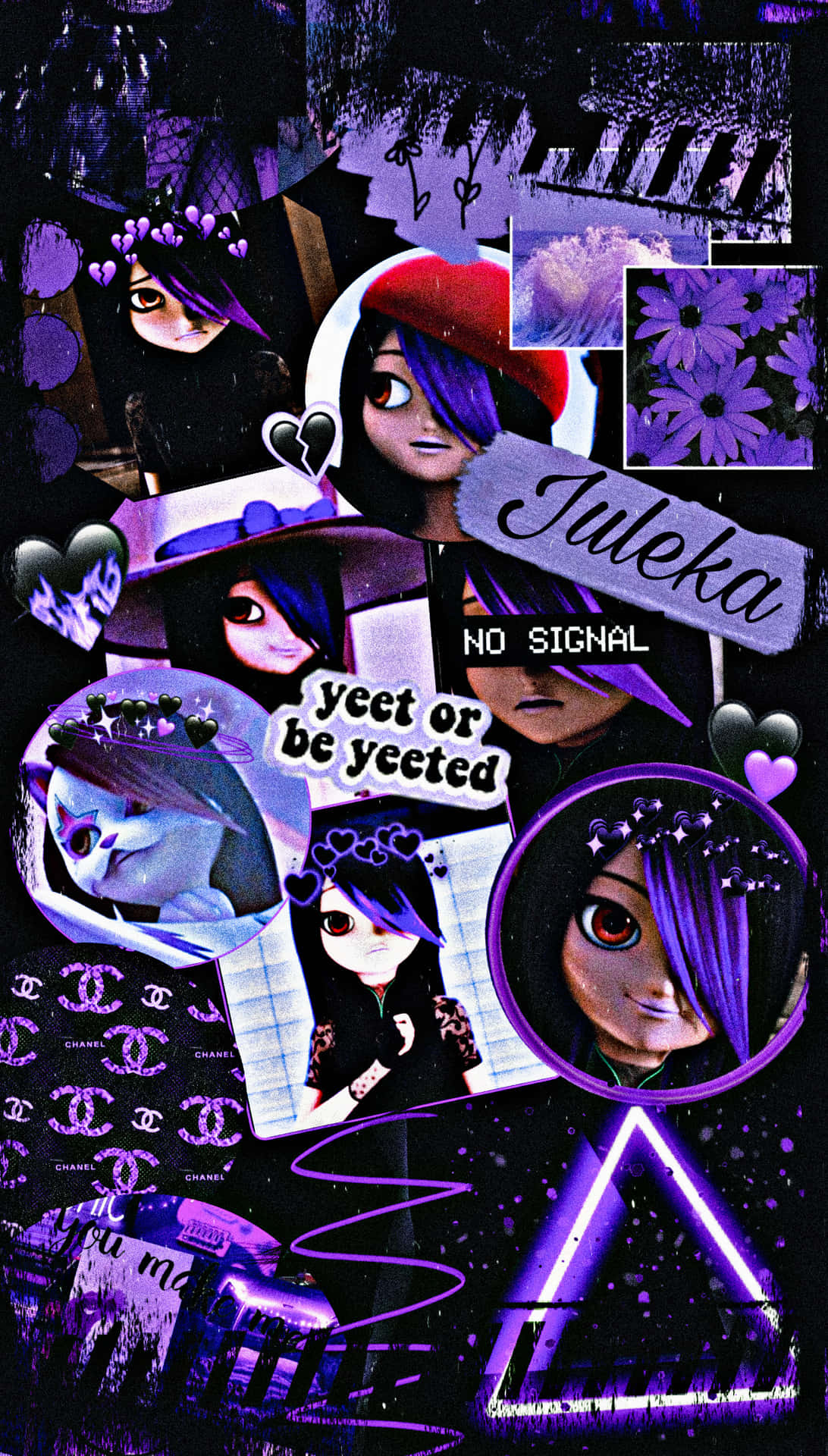 A Collage Of Pictures Of A Girl With Purple Hair Wallpaper
