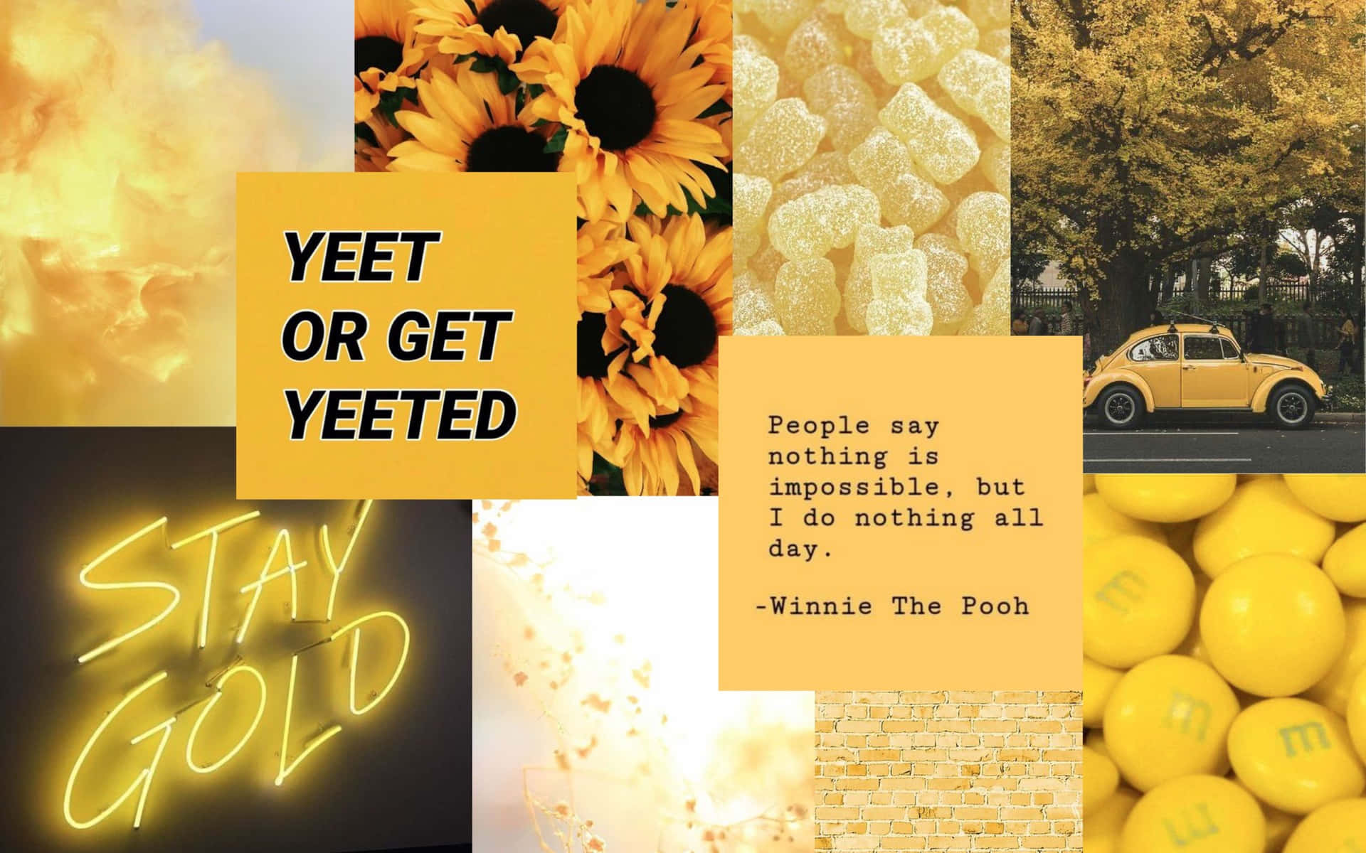 En collage af gule blomster og solsikker med ordene 'endnu eller få endnu' Wallpaper
