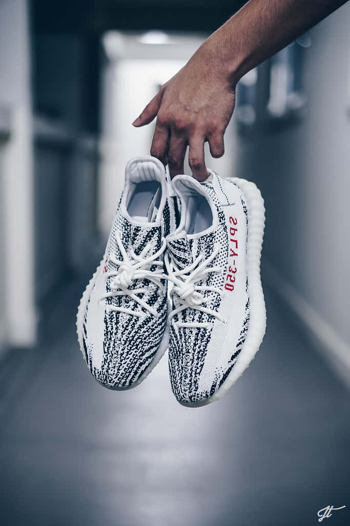 A Person Holding A Pair Of Adi Yeezy Boost 350 Wallpaper