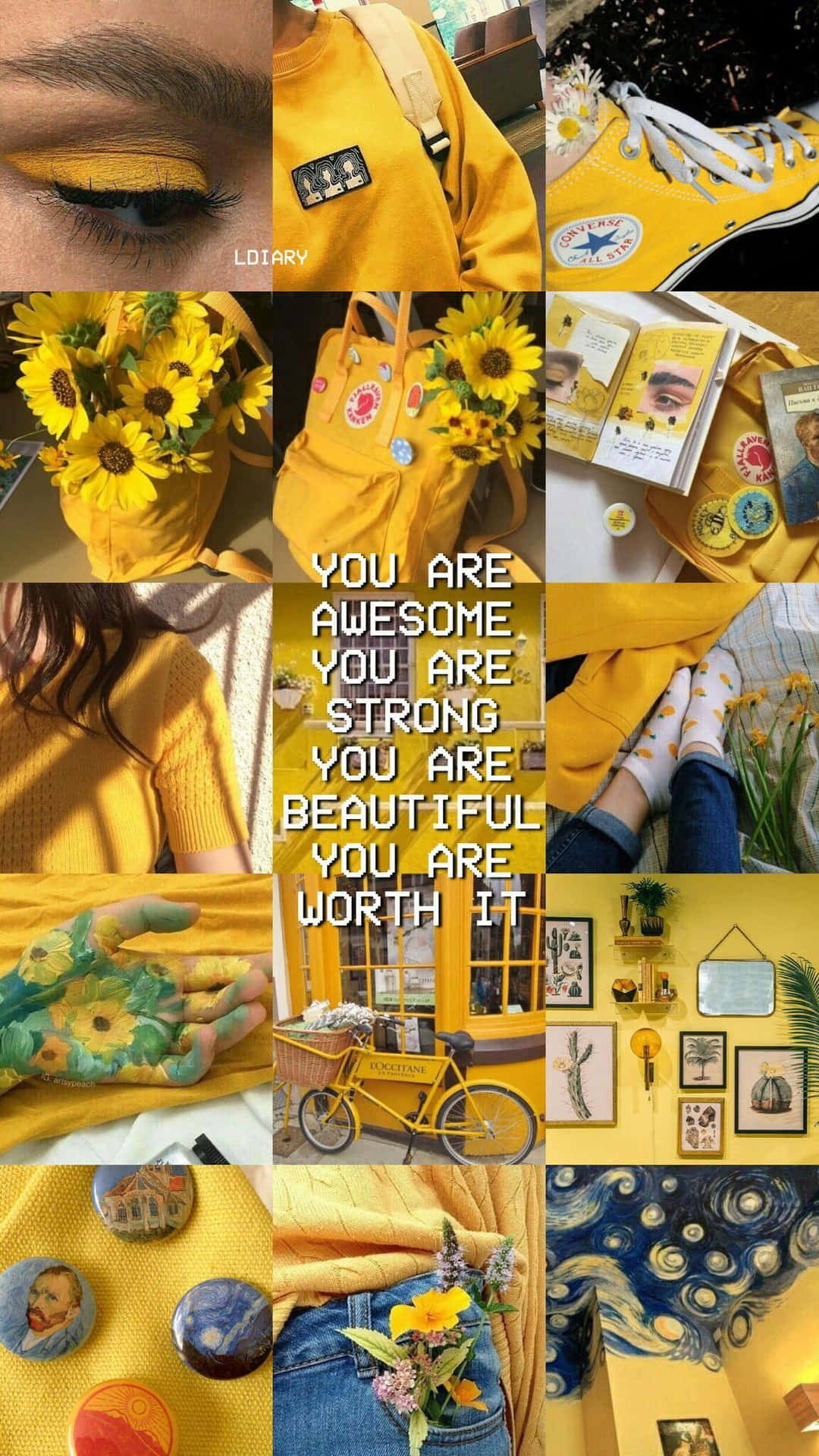 A Collage Of Yellow Pictures With Flowers And A Bicycle Wallpaper