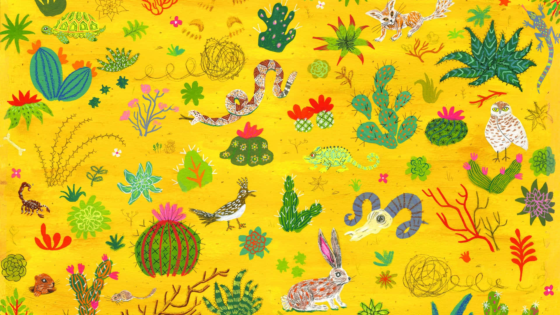 Animals And Plants Doodle Art In Yellow Aesthetic Desktop Wallpaper