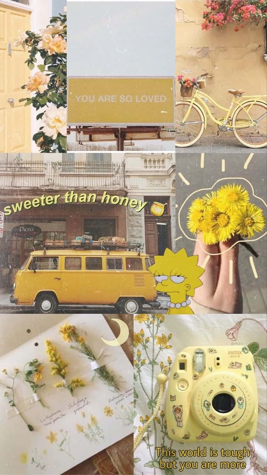 En gul æstetisk Tumblr-billede med en mark af varme vilde blomster i forgrunden. Wallpaper