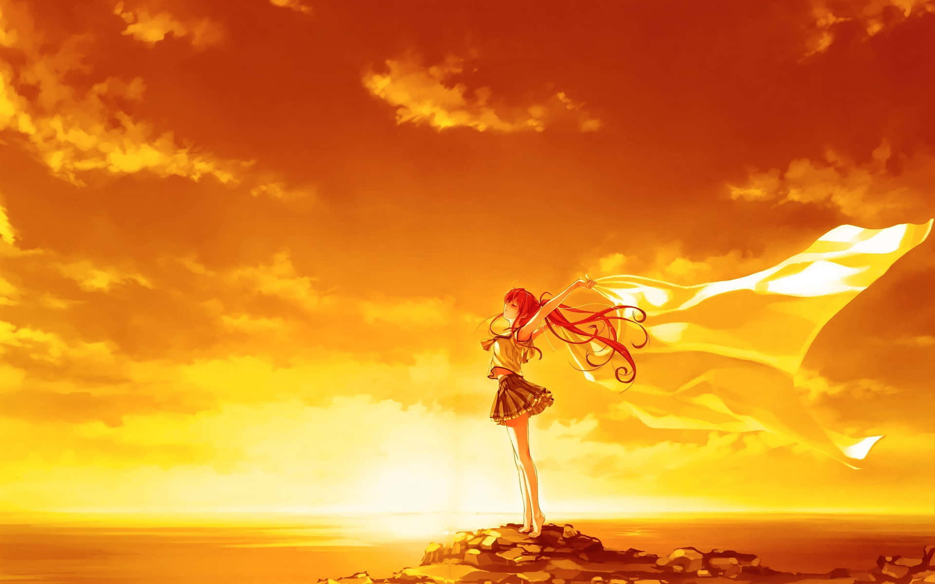 Chicade Anime Bajo El Cielo Amarillo Del Atardecer. Fondo de pantalla