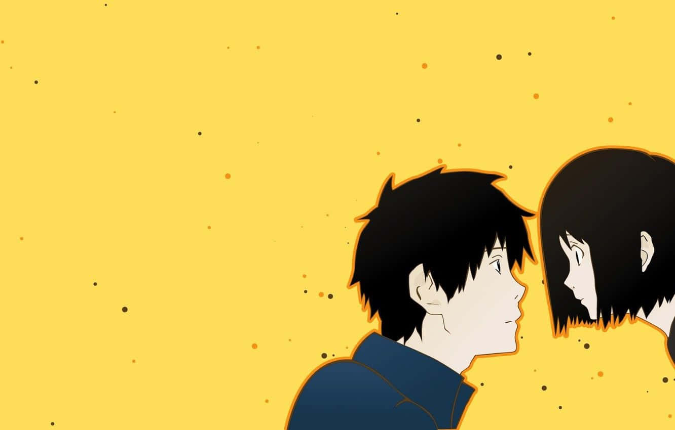Freundeunterhalten Sich Während Sie Gelbe Anime Genießen Wallpaper