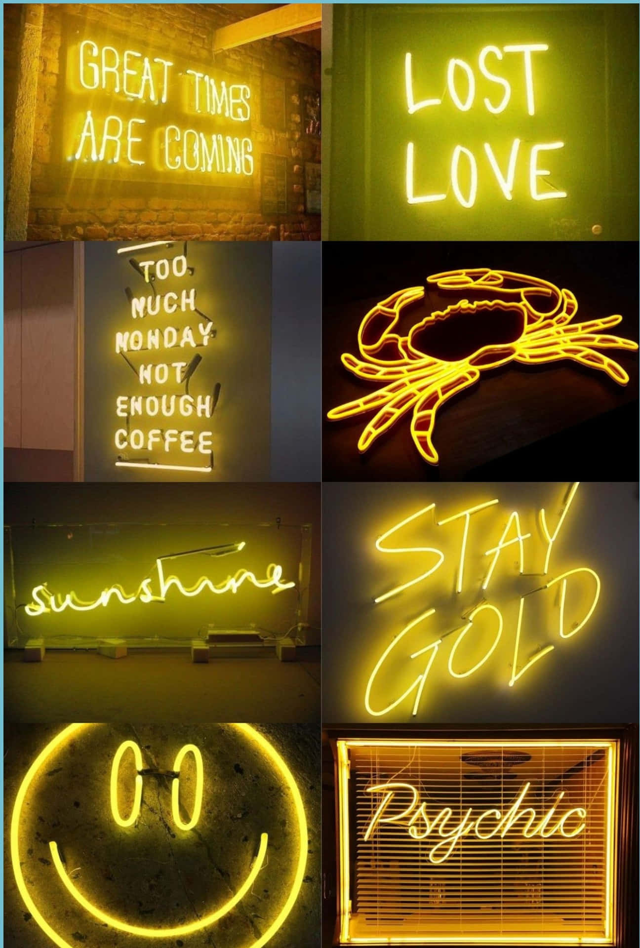 Neon skilte med forskellige ord og ansigter Wallpaper