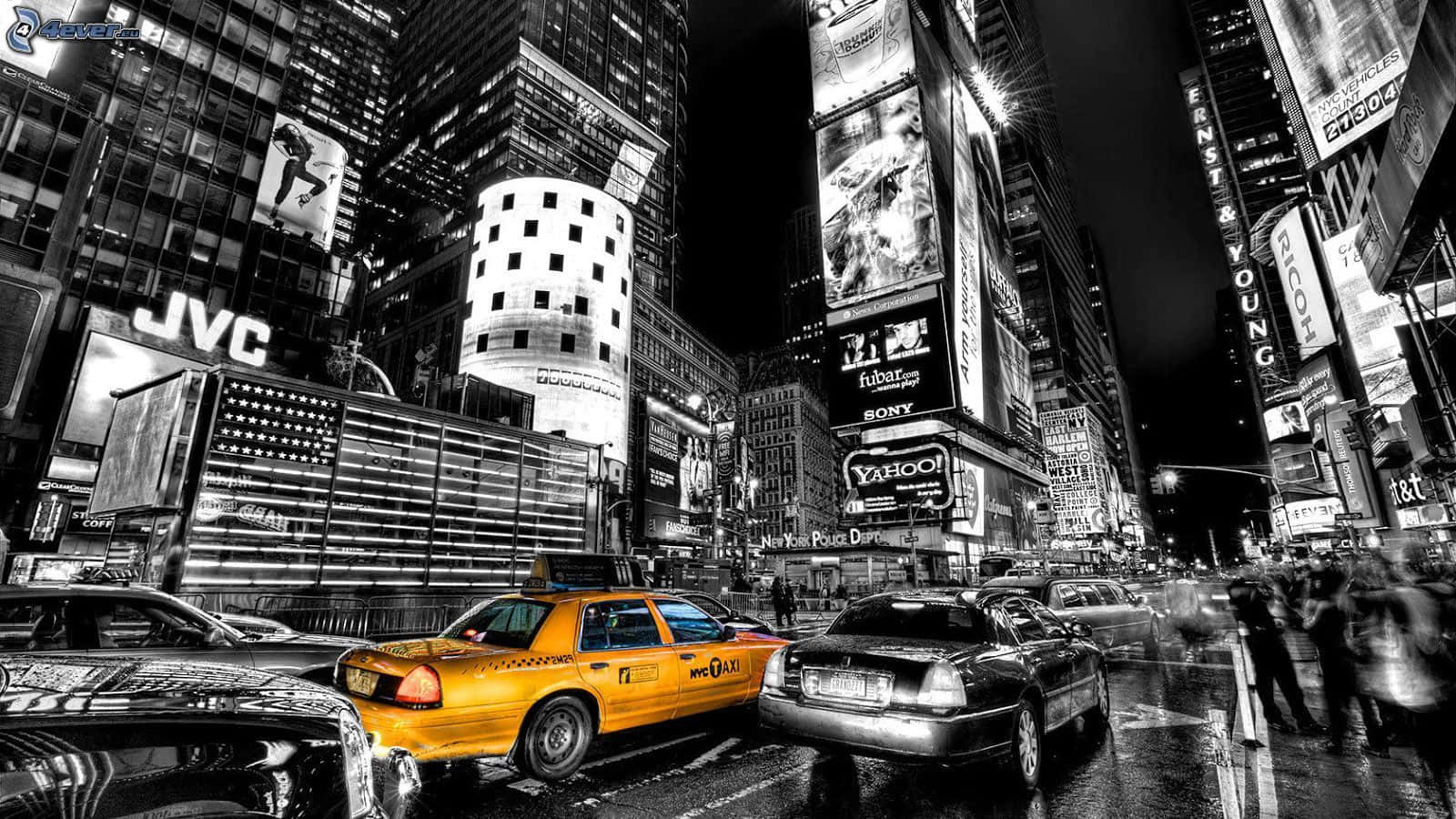 Busy City Street with Yellow Cab Wallpaper