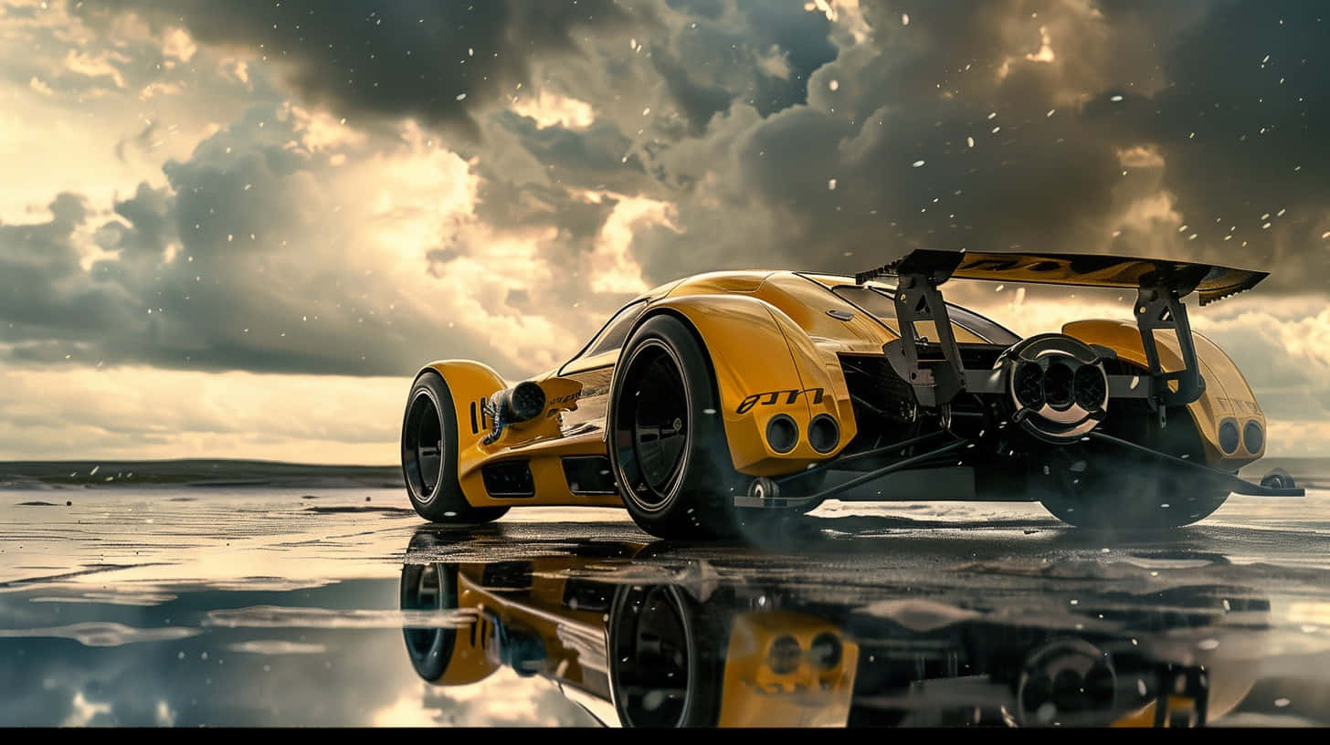 Yellow Can Am Racecar Stormy Backdrop Wallpaper