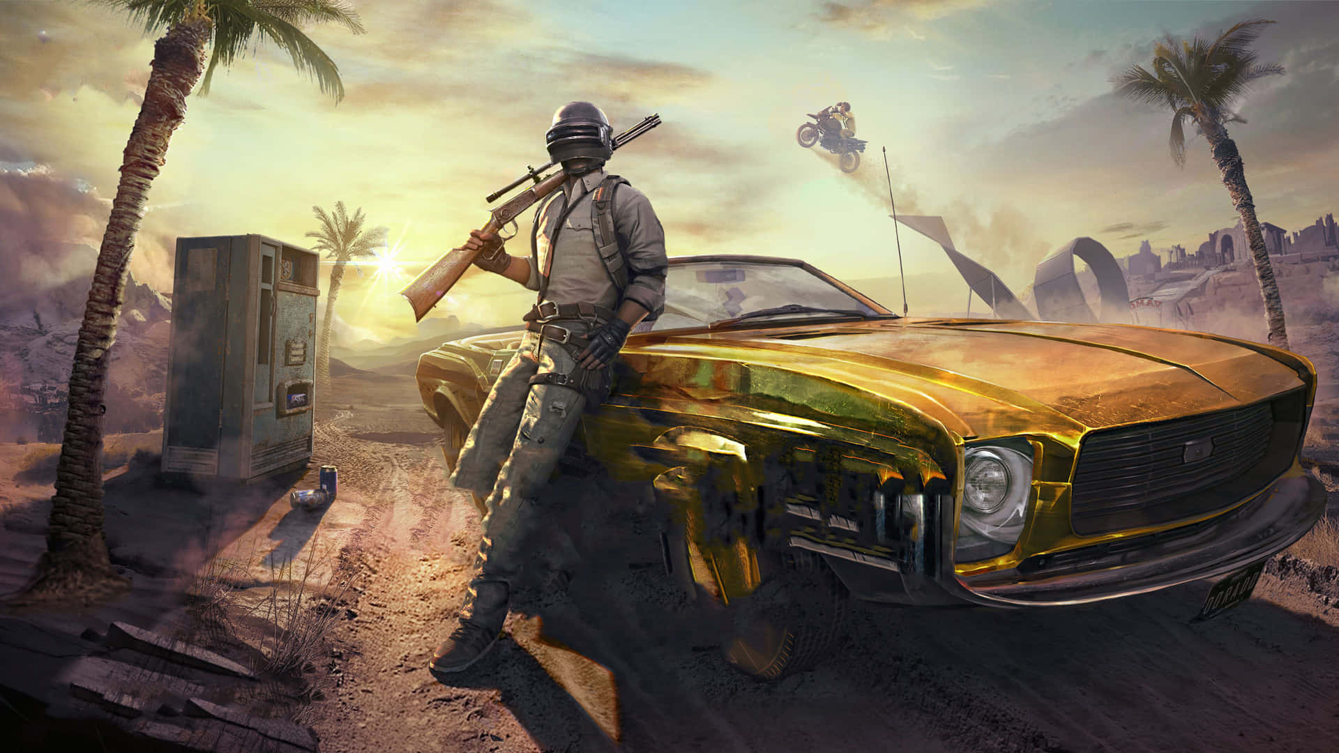 Yellow Car Pubg New State With Palm Tree Wallpaper