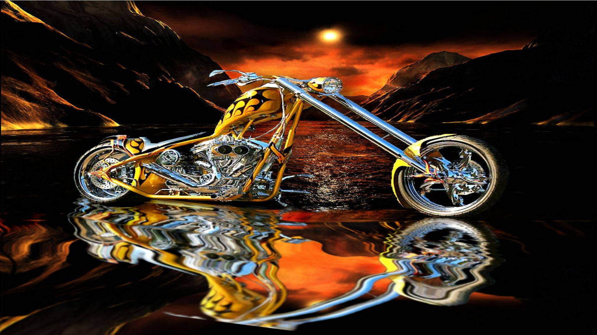 Yellow Chopper Motorcycle With Sunset Wallpaper