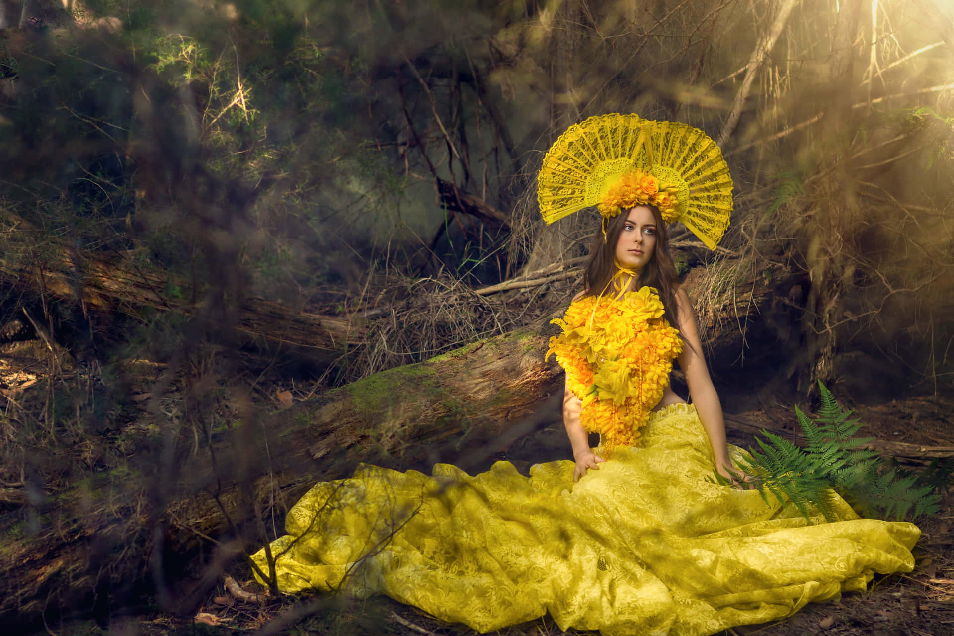 Elegant Woman in a Stunning Yellow Dress Wallpaper